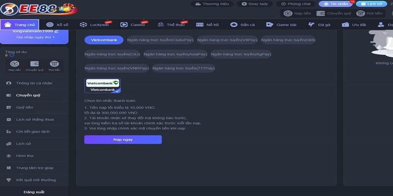 Thực hiện nạp tiền Ee88 nhanh chóng, đơn giản